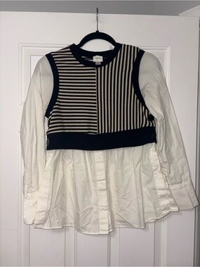 Maeve Black and Cream Striped Knit Vest Shirt Combo
